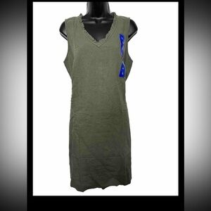 Briggs Ladies' Ruffle V-Neck Linen Blend Dress L With Pockets Green